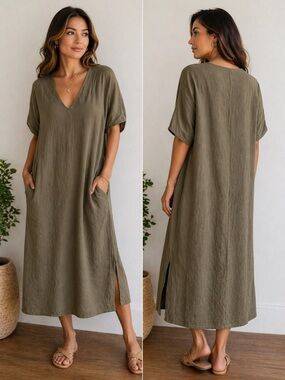 Suzanne Somers Taupe Linen Blend Midi Dress Size 2 Pockets V-Neck